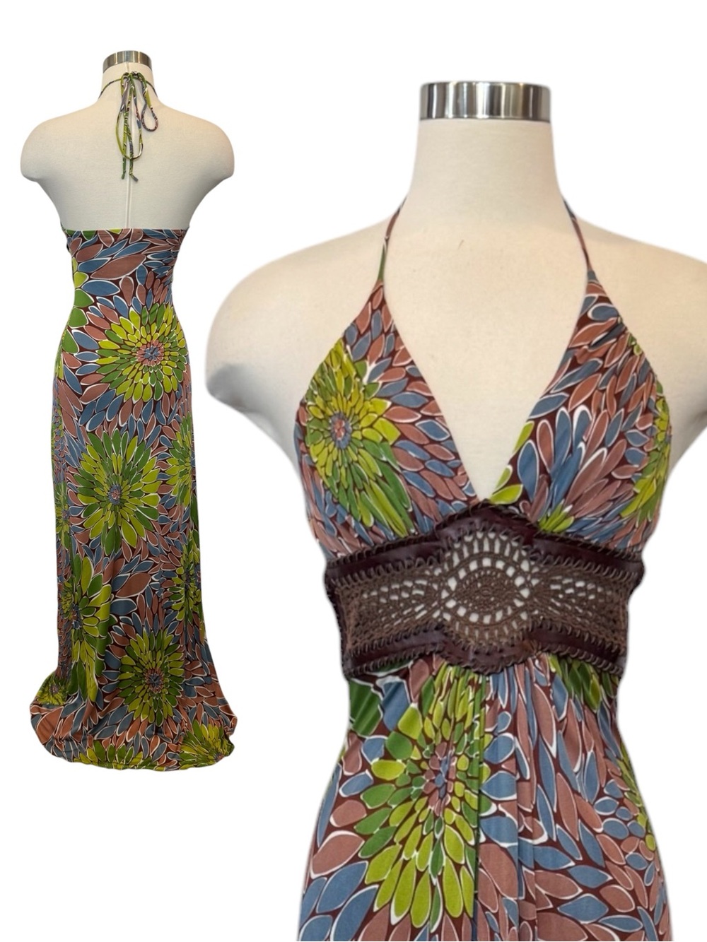 SKY NWT 100% Silk Green Brown Crochet Belt Keyhole Halter Maxi Gown Slip Dress